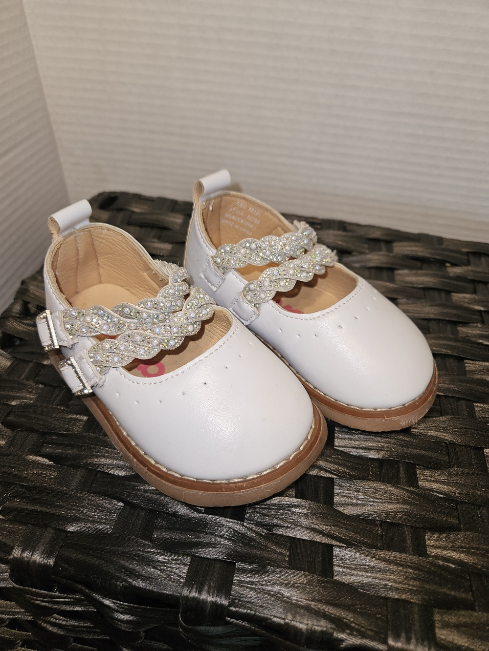 Josmo White Girls Mary Jane Shoes with Rhinestone Braid Strap